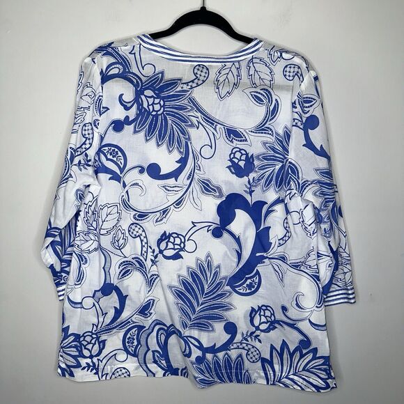 Talbots Women’s Jacobean Floral Print Tunic V Neck Blue Size LP - Picture 3 of 5